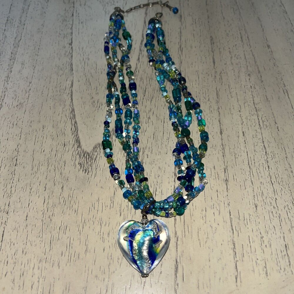 Art Glass Heart Pendant Necklace Blue Multicolor 21” Chain Glass & Silver